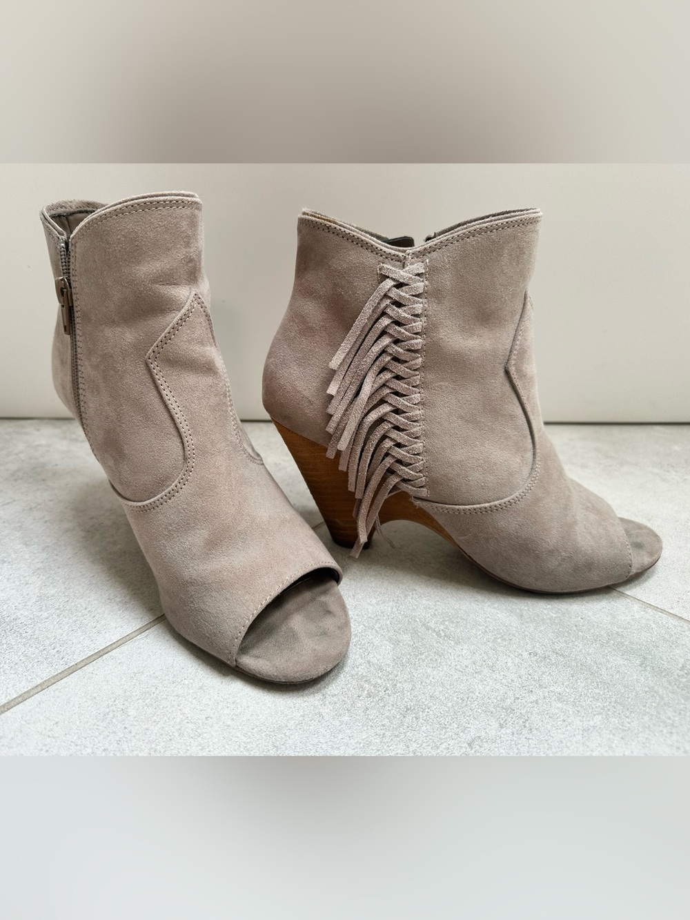 Carlos by Carlos Santana Fringe Open-Toe Suede Ankle Boots - Taupe Size 8